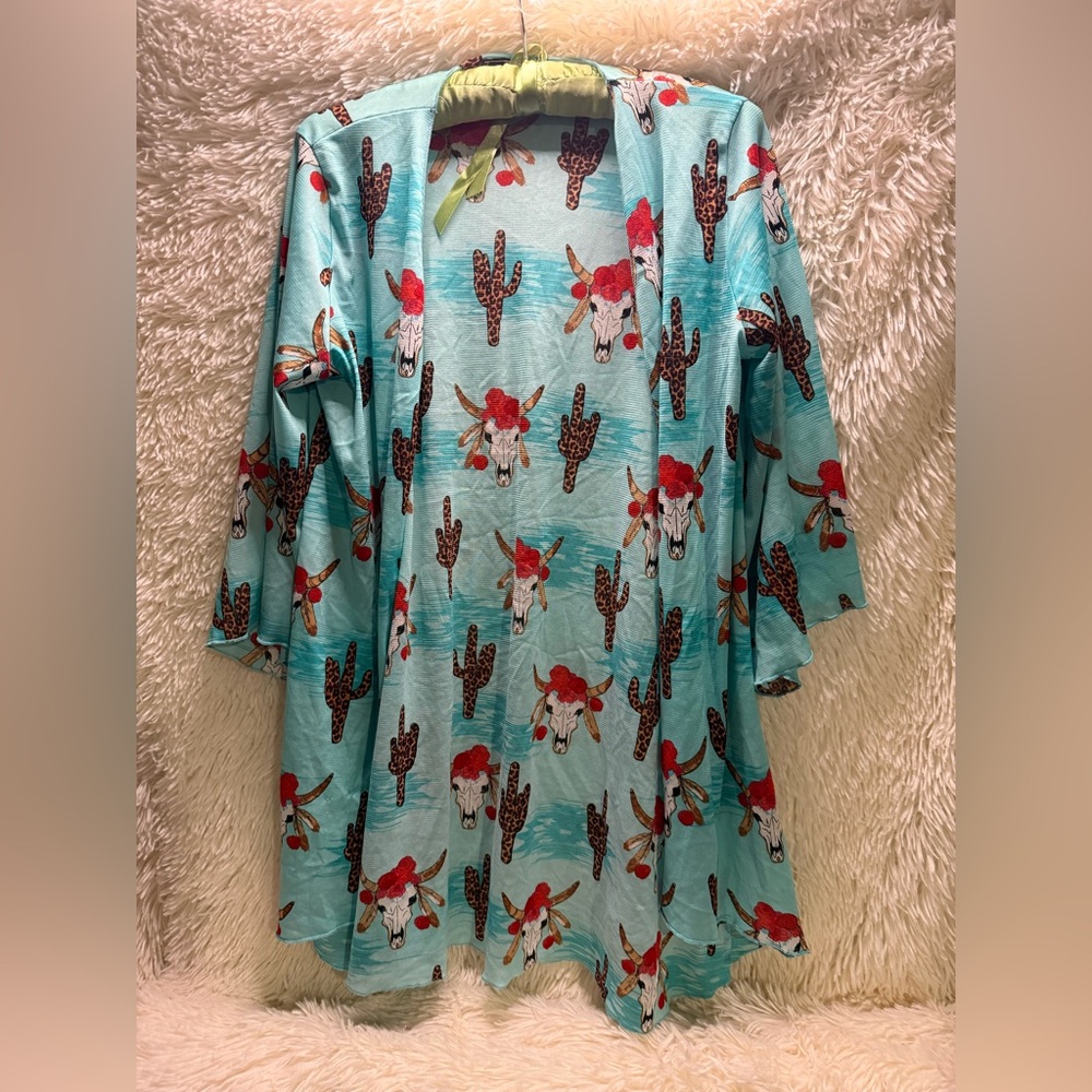 Lucky & Blessed Women’s Teal Cactus Cow Skull Duster